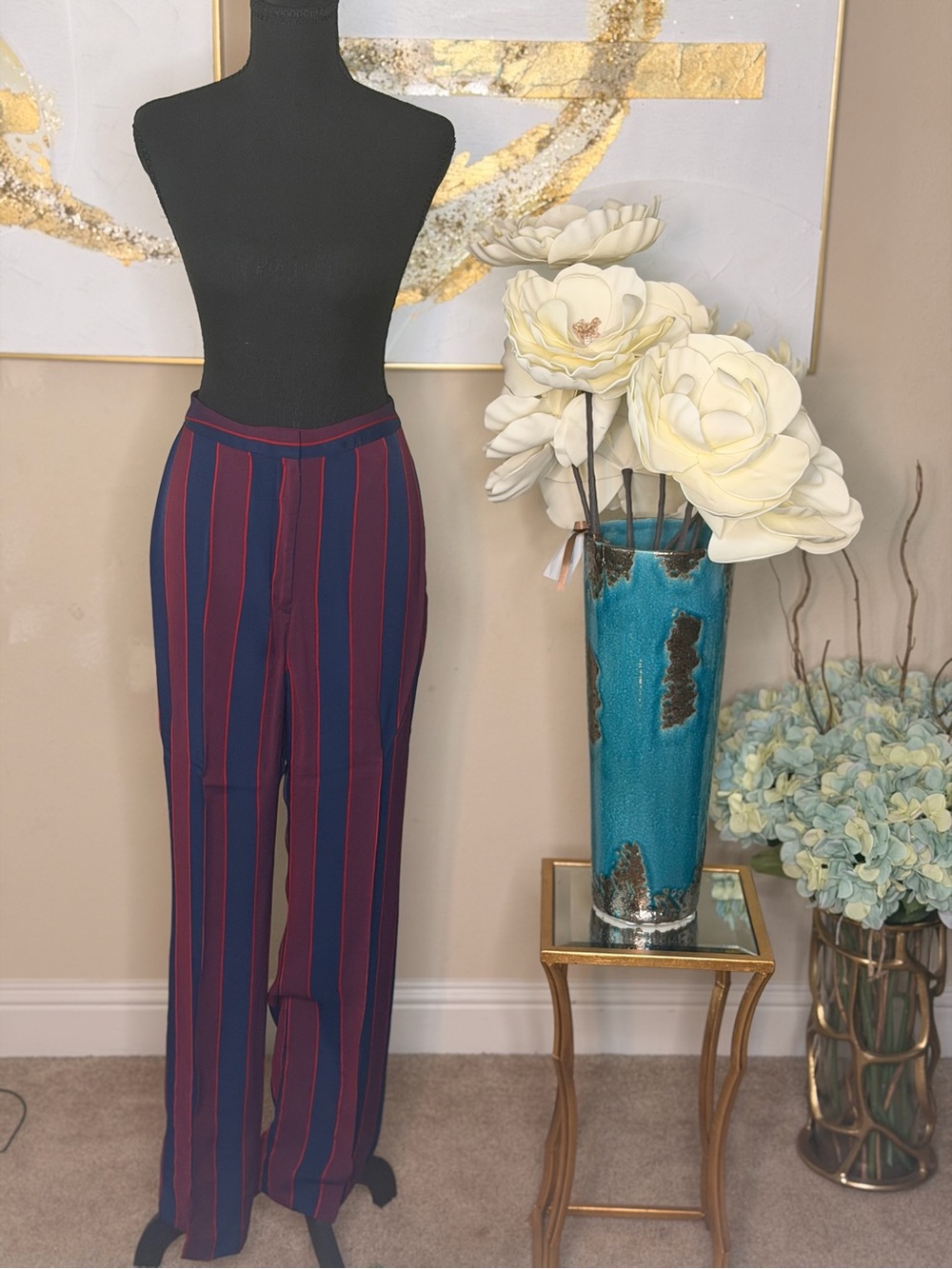 Express Vertical Stripe Wide-Leg Pants - Navy & Burgundy